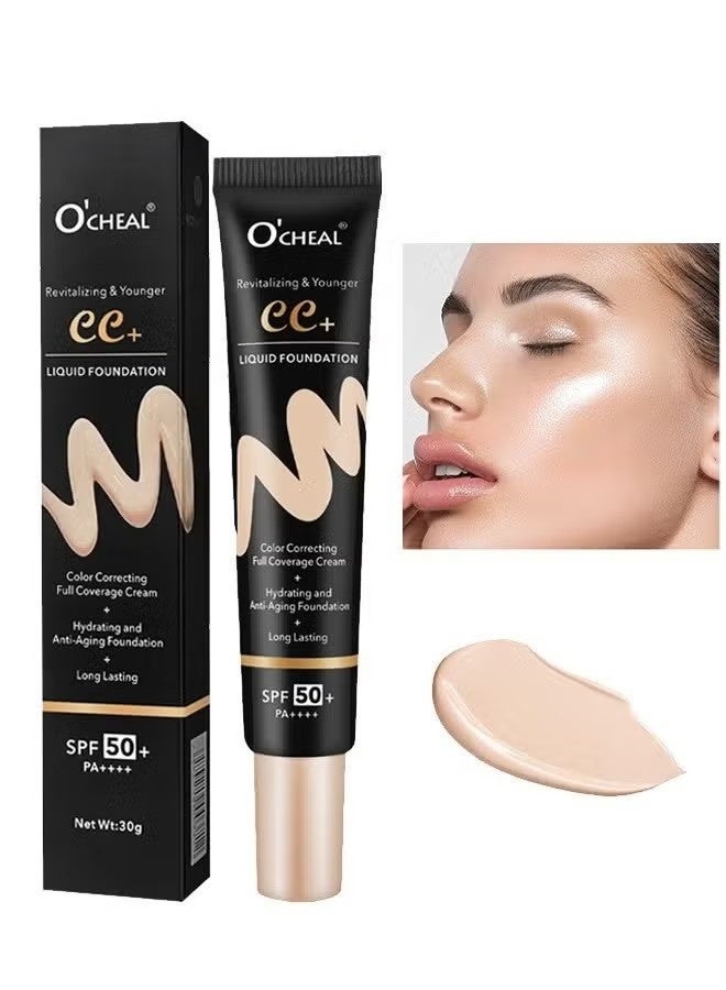 OCHEAL CC + Liquid Foundation - SPF50+ Sunscreen, Colour Correcting Face Sunscreen And Foundation, Pre-Makeup Primer Moisturizing Skin Concealer (#02) - Image 1